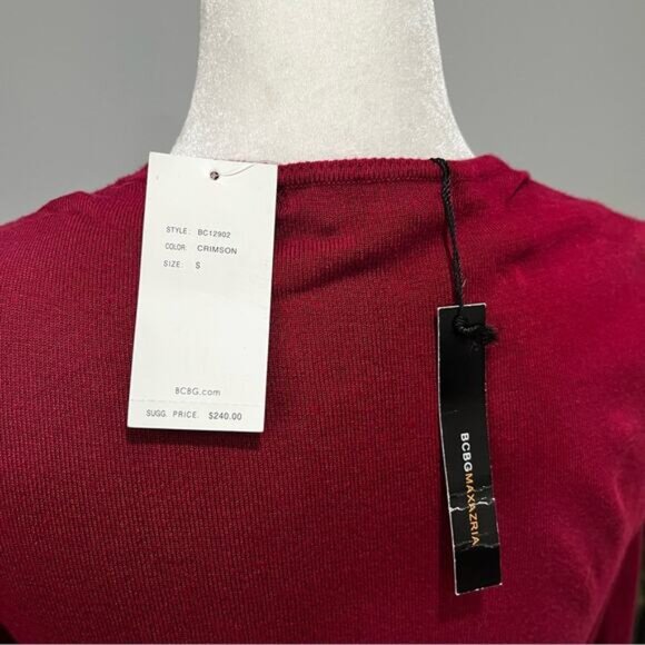 NEW BCBGMAXAZRIA Belted Tailored Plunge Midi Sweater Dress Crimson Red Small NWT - Picture 6 of 15